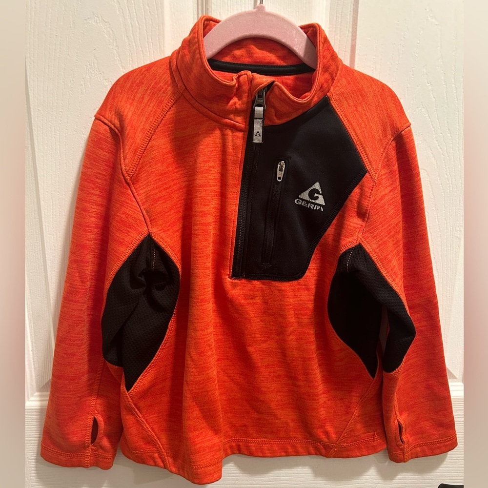 Gerry Boys sz XS 5-6 orange & black long sleeve pullover w/ 1/4 zip side pockets